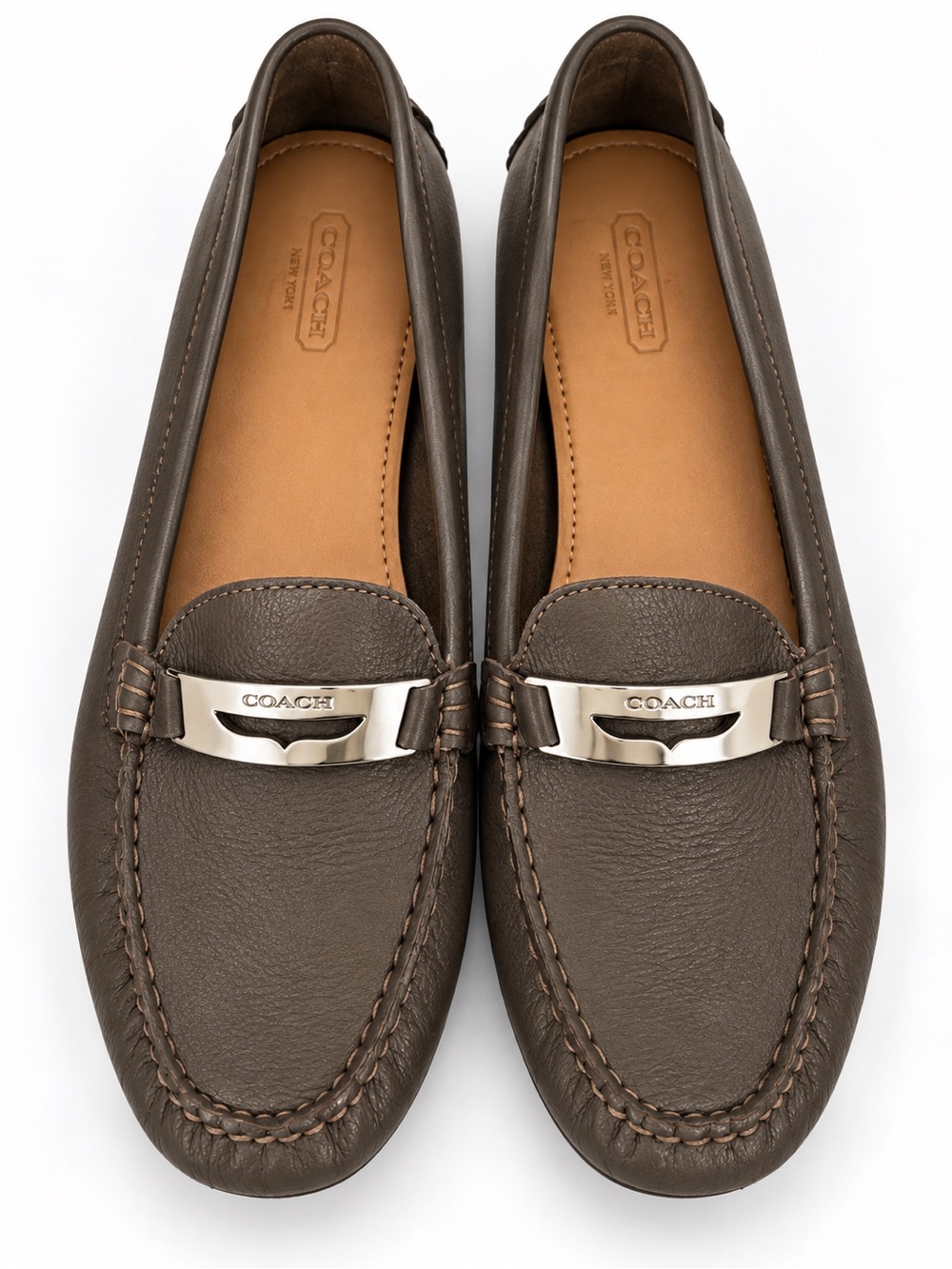 Coach Brown Leather Slip-On Driving Loafers with Silver Hardware Studded Sole